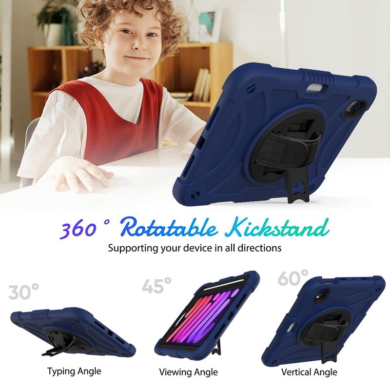 HuHa Protective Cover For iPad mini 6 / mini 2024 PC Hybrid Silicone Tablet Case with Holder & Hand Strap & Shoulder Strap(Navy Blue) - Image 2