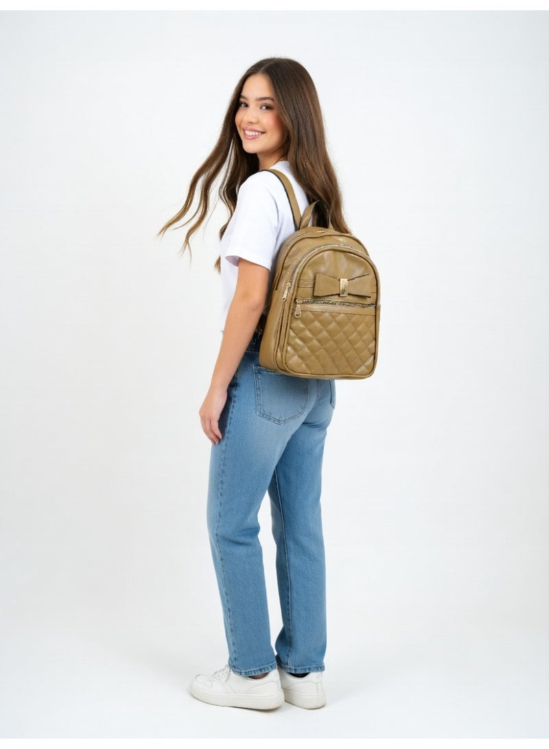 Elegant Quilted Bow Backpack – Premium Fashion Mini Backpack for Women-khaki - Image 5