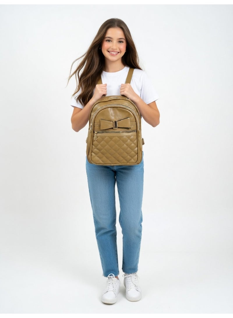 Elegant Quilted Bow Backpack – Premium Fashion Mini Backpack for Women-khaki - Image 4