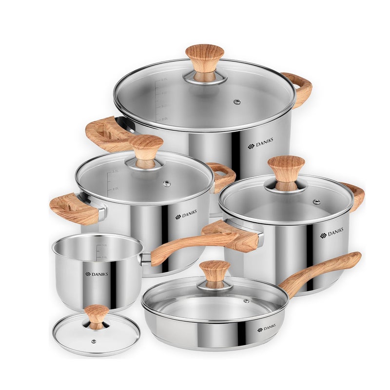 Daniks Oslo 10-Piece Stainless Steel Cookware Set with Glass Lids, Includes Saucepan and Frying Pan with Lid, Tri-Ply Bases for Even Heating, Induction Compatible, Dishwasher Safe, Bakelite Handles - Image 1