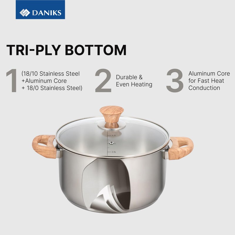 Daniks Oslo 10-Piece Stainless Steel Cookware Set with Glass Lids, Includes Saucepan and Frying Pan with Lid, Tri-Ply Bases for Even Heating, Induction Compatible, Dishwasher Safe, Bakelite Handles - Image 5