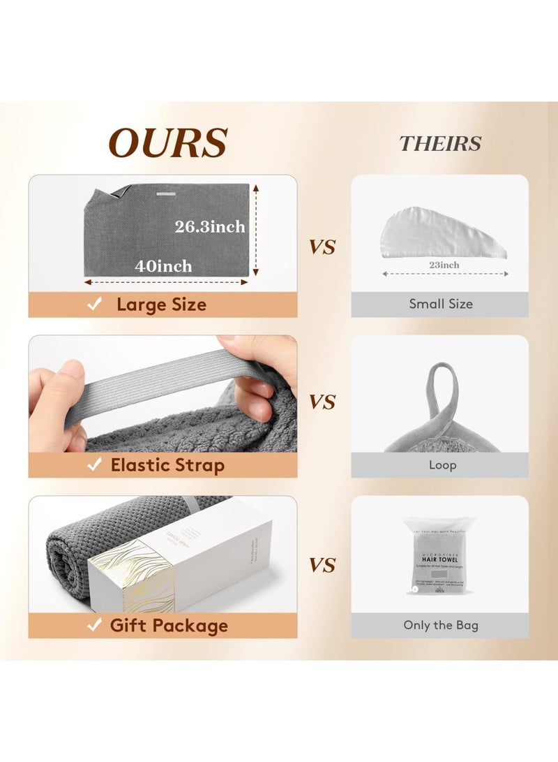 SOLARAE Microfiber Hair Towel Wrap for Women, Anti Frizz Hair Drying Towel with Elastic Strap, Super Absorbent Quick Dry Hair Turban for Drying Curly, Long, Thick Hair, Dark Gray - Image 2