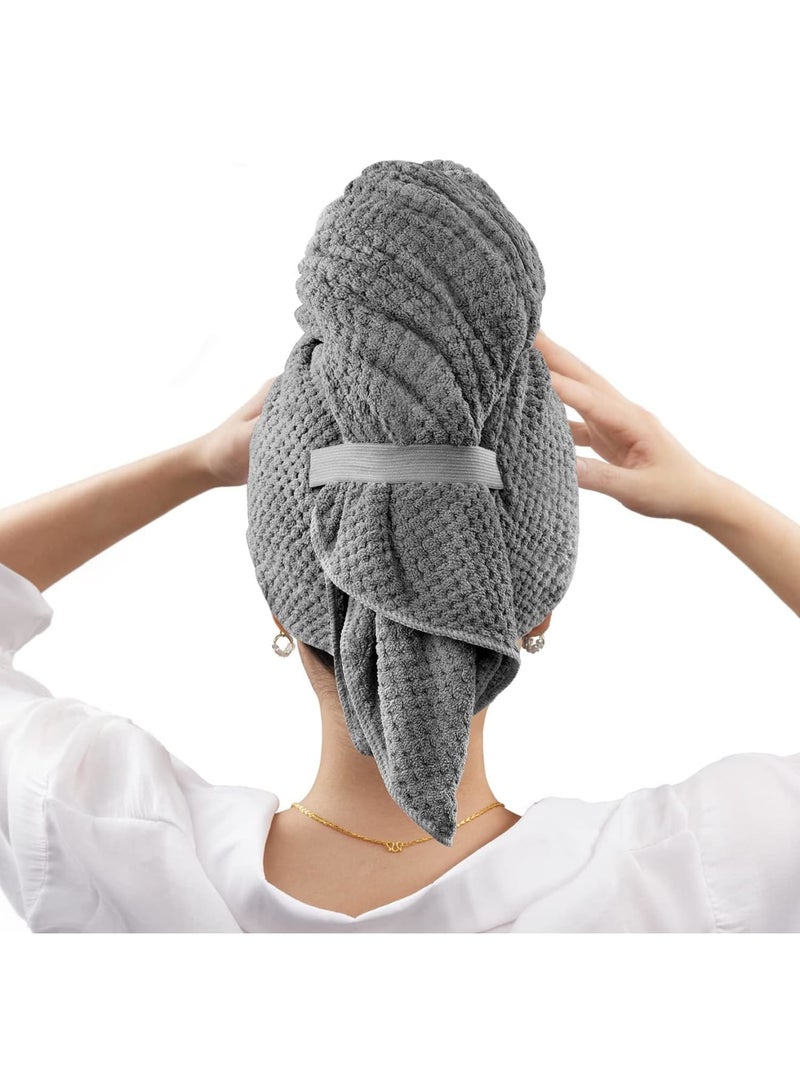 SOLARAE Microfiber Hair Towel Wrap for Women, Anti Frizz Hair Drying Towel with Elastic Strap, Super Absorbent Quick Dry Hair Turban for Drying Curly, Long, Thick Hair, Dark Gray - Image 1