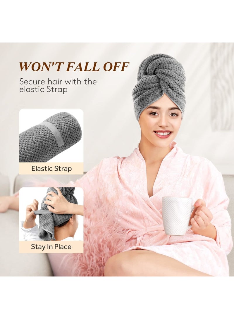 SOLARAE Microfiber Hair Towel Wrap for Women, Anti Frizz Hair Drying Towel with Elastic Strap, Super Absorbent Quick Dry Hair Turban for Drying Curly, Long, Thick Hair, Dark Gray - Image 4