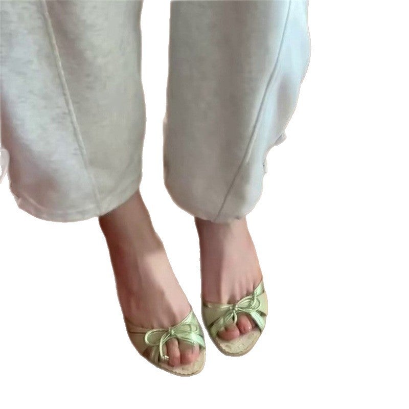 Women's Green Sheepskin Peep Toe Kitten Heel Slip-on Sandals - Image 5