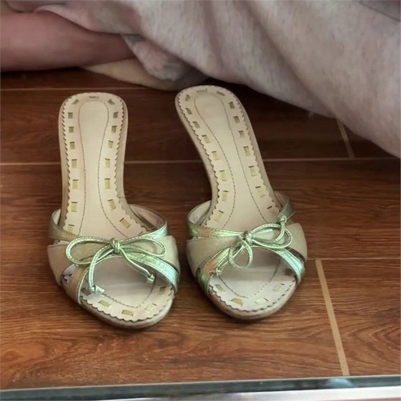 Women's Green Sheepskin Peep Toe Kitten Heel Slip-on Sandals - Image 1
