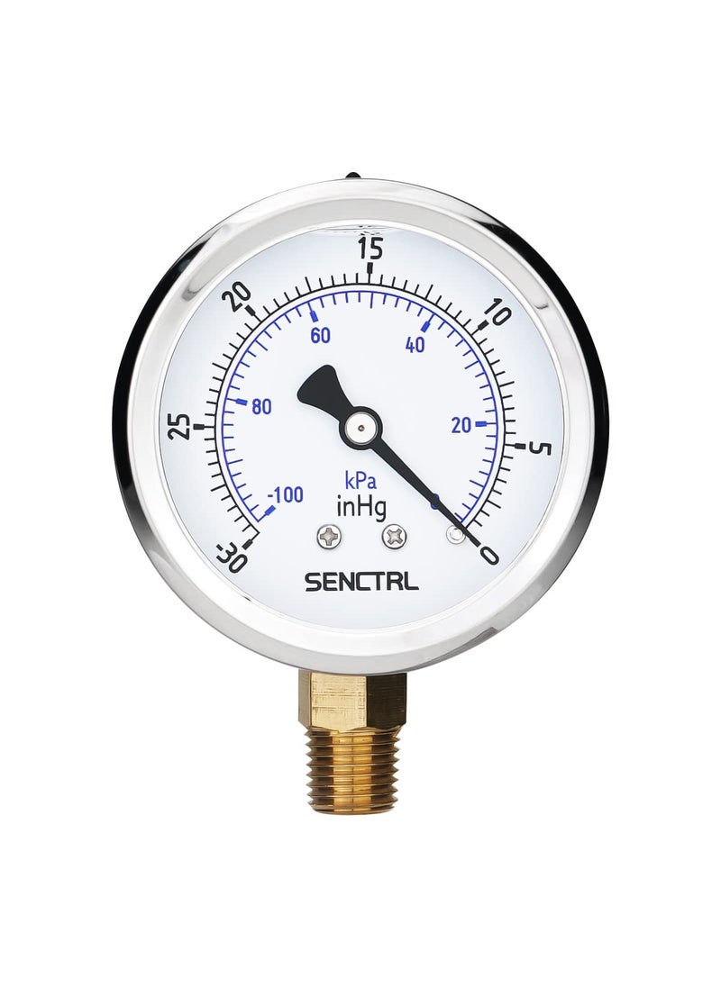 senctrl SENCTRL 30 inHg Vacuum Silicone Oil Liquid Filled Low Pressure Gauge, 2.5" Dial Size, 1/4" NPT Lower Mount, Stainless Steel Case, for Air Conditioning Manifolds, HVAC, Air Pump Vacuum Test  - Image 1