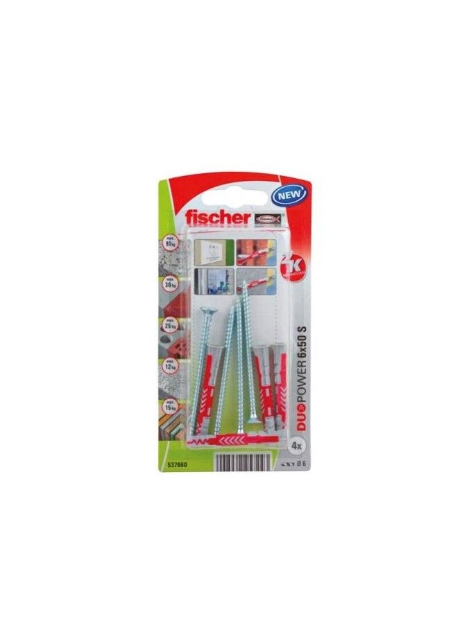 Fischer Universal Plug 6 x 50mm + Countersunk Screw 4Pcs DUOPOWER 6x50