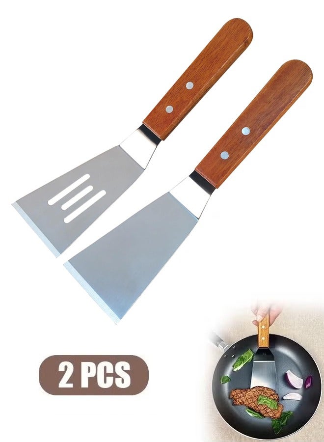 2 Pcs Metal Spatulas Set with Beveled Edges, Stainless Steel Metal Spatula for Cast Iron Skillet, Wok Flat Top Small Metal Spatula Turner with Wood Handle (Silver) - Image 1