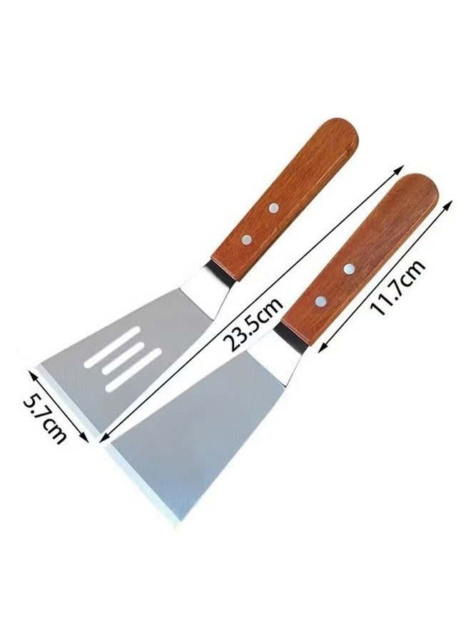 2 Pcs Metal Spatulas Set with Beveled Edges, Stainless Steel Metal Spatula for Cast Iron Skillet, Wok Flat Top Small Metal Spatula Turner with Wood Handle (Silver) - Image 2