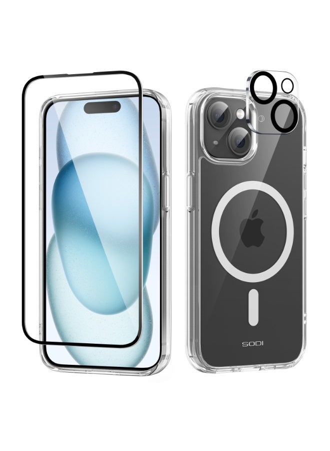 SODI iPhone 15 6.1-inch 3-in-1 all-round protection set | MagSafe compatible | Hybrid protection crystal clear hard back cover | | Anti-yellowing | Suitable for Apple iPhone 15 6.1-inch transparent protective case (1+1+1 piece) - Image 1