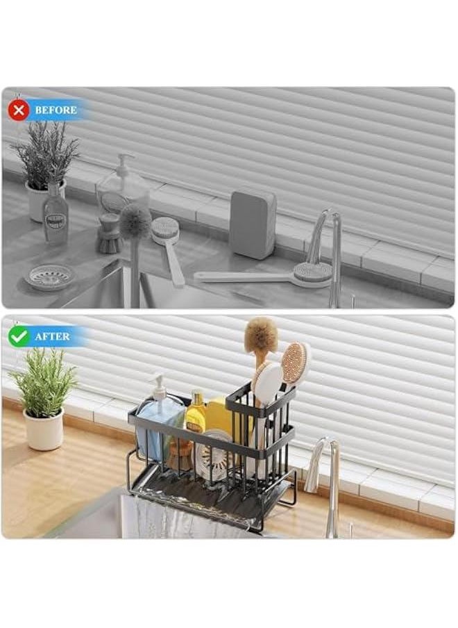 HOOKOR - Stainless Steel Sponge Holder for Kitchen Sink, Anti-rust Sponge Caddy, Countertop Kitchen Bathroom Sink Organizer with Drain Tray, Sponge Rack Holder for Dish Soap (Black) - Image 1