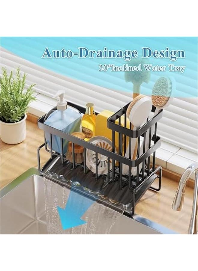 HOOKOR - Stainless Steel Sponge Holder for Kitchen Sink, Anti-rust Sponge Caddy, Countertop Kitchen Bathroom Sink Organizer with Drain Tray, Sponge Rack Holder for Dish Soap (Black) - Image 1