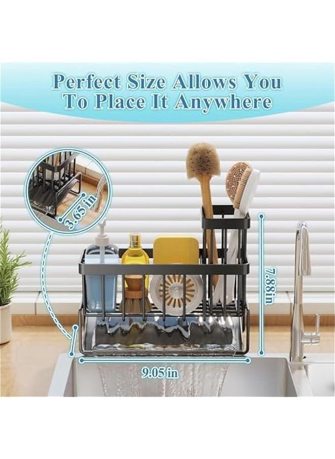 HOOKOR - Stainless Steel Sponge Holder for Kitchen Sink, Anti-rust Sponge Caddy, Countertop Kitchen Bathroom Sink Organizer with Drain Tray, Sponge Rack Holder for Dish Soap (Black) - Image 1