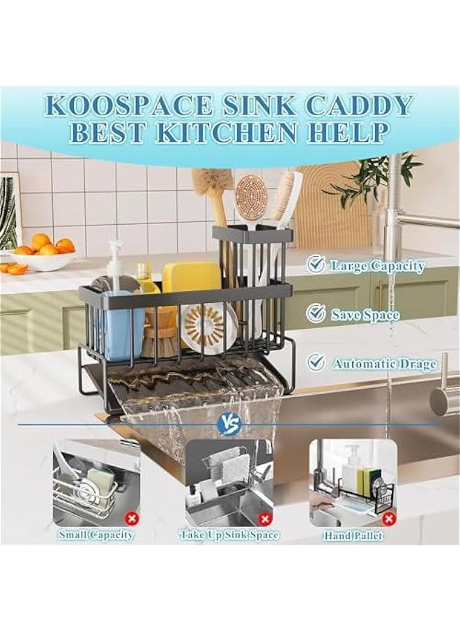 HOOKOR - Stainless Steel Sponge Holder for Kitchen Sink, Anti-rust Sponge Caddy, Countertop Kitchen Bathroom Sink Organizer with Drain Tray, Sponge Rack Holder for Dish Soap (Black) - Image 1