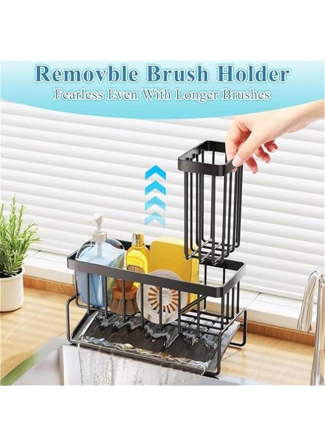 HOOKOR - Stainless Steel Sponge Holder for Kitchen Sink, Anti-rust Sponge Caddy, Countertop Kitchen Bathroom Sink Organizer with Drain Tray, Sponge Rack Holder for Dish Soap (Black) - Image 1