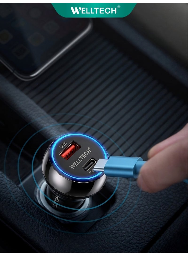 WELLTECH 20W PD Fast Car Charger USB C Car Charger Fast Charging Adapter Compact Dual Port Car Charger for iPhone Samsung Android Travel WELLTECH W016 - Image 1