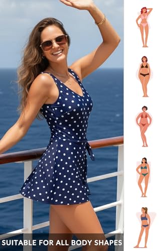 Yonique One Piece Swimdress for Women – Tummy Control Swimsuit with Skirt 2026 V Neck Wrap Tie Side Bathing Suit Dress Blue Dot M - Image 4