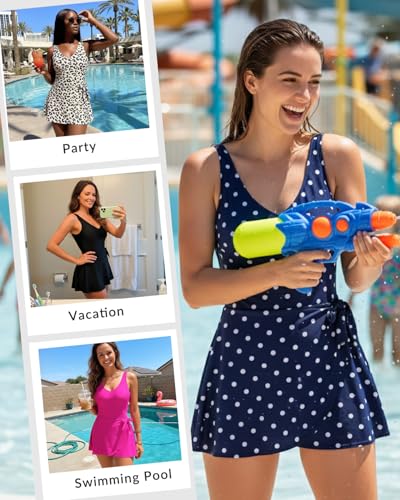 Yonique One Piece Swimdress for Women – Tummy Control Swimsuit with Skirt 2026 V Neck Wrap Tie Side Bathing Suit Dress Blue Dot M - Image 5