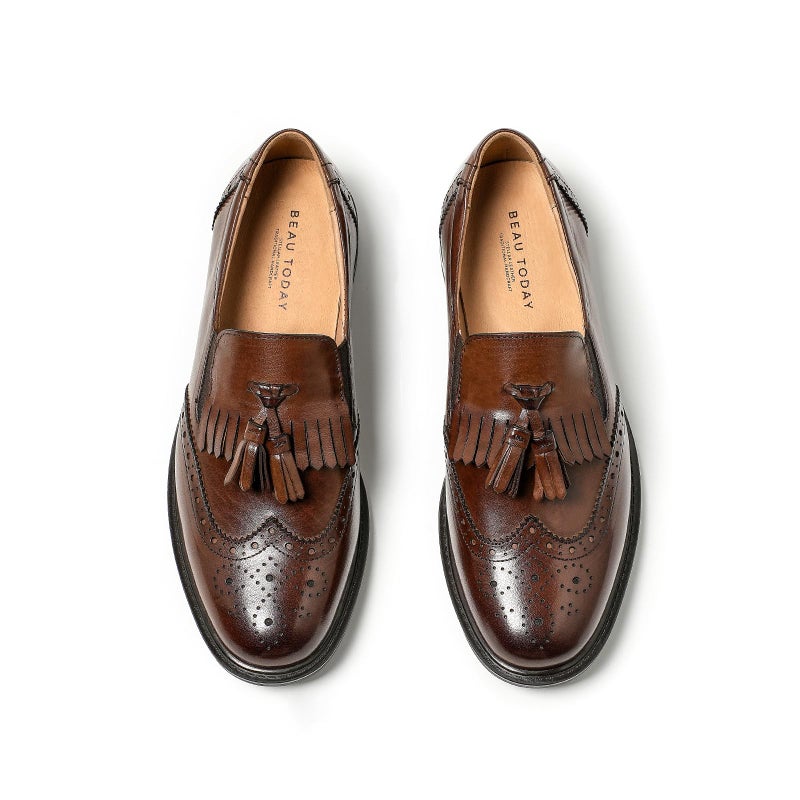 BEAU TODAY Tassel Loafers for Women,Leather Brogue Dress Shoes,Wingtips Oxford for Women,Breathable Comfortable Slip-on Lace-up Handmade Flat Shoes for Business Work Coffee US 7 - Image 1