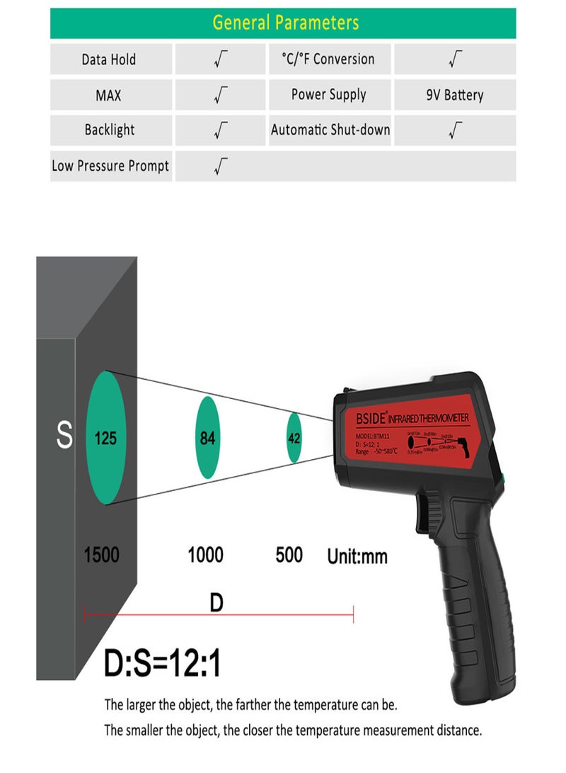 BSIDE Handheld Infrared IR Thermometer -50~580℃ 12:1 K-type - Image 2