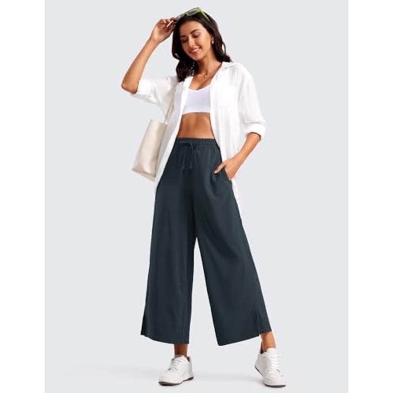 Lightweight Wide Leg Cropped Pants for Women High Waisted Loose Casual Lounge Travel Work Sweatpants Summer Casual, Travel, Comfy, Soft, Split, Loose Fit, Pockets, for Women - Image 4