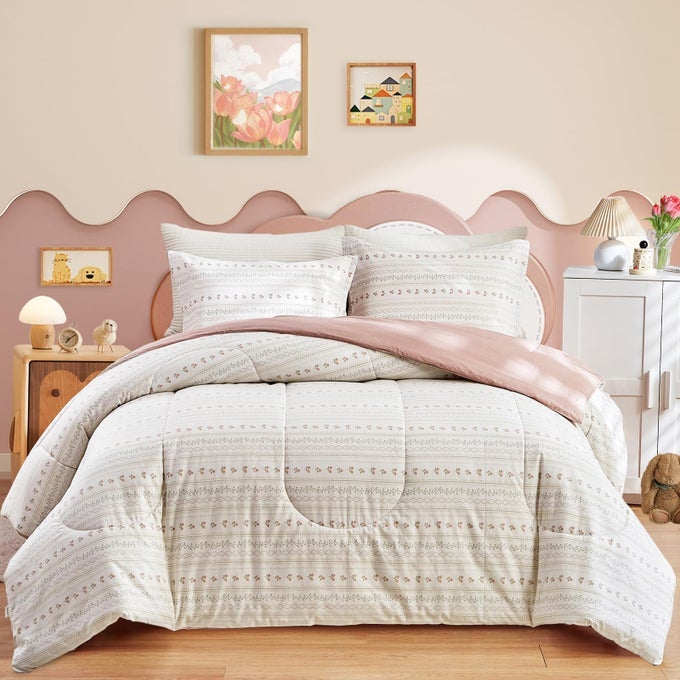 3PCS FLORAL COTTON COMFORTER SET FOR GIRLS PINK FLOWER STRIPES BOHO DESIGN TWIN SIZE SOFT N COZY BEDDING COMFORTER SET FOR ALL SEASON 68X88 INCHES
