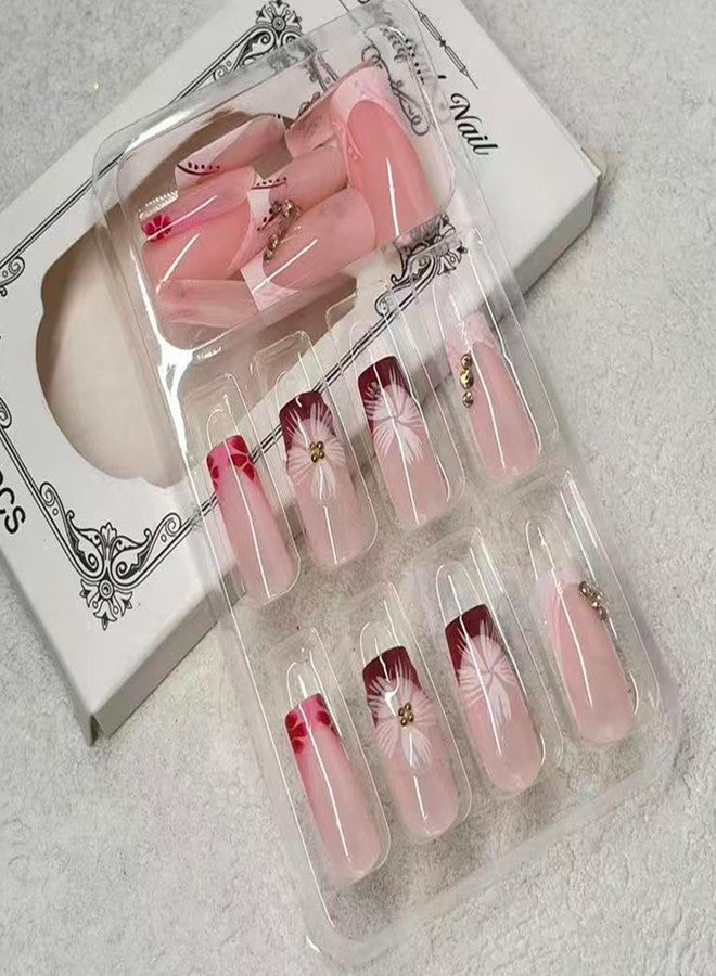 Jremg French Tip Press on Nails Medium Square Fake Nails with Rhinestones Designs Glossy 3D Flower Full Cover Stick on Nails Reusable Cute Floral Coffin False Nails for Women 24Pcs - Image 2