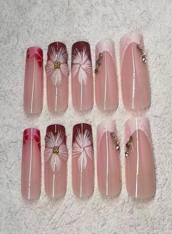 Jremg French Tip Press on Nails Medium Square Fake Nails with Rhinestones Designs Glossy 3D Flower Full Cover Stick on Nails Reusable Cute Floral Coffin False Nails for Women 24Pcs - Image 3