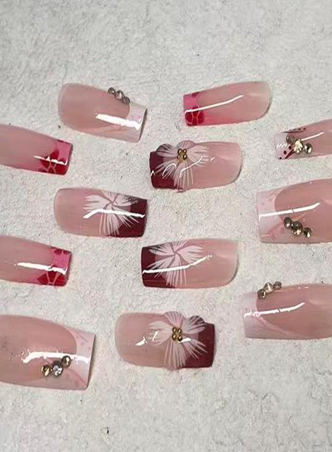 Jremg French Tip Press on Nails Medium Square Fake Nails with Rhinestones Designs Glossy 3D Flower Full Cover Stick on Nails Reusable Cute Floral Coffin False Nails for Women 24Pcs - Image 4