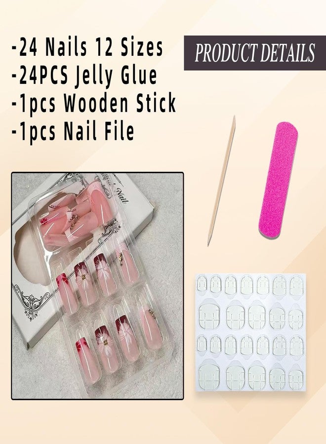 Jremg French Tip Press on Nails Medium Square Fake Nails with Rhinestones Designs Glossy 3D Flower Full Cover Stick on Nails Reusable Cute Floral Coffin False Nails for Women 24Pcs - Image 5