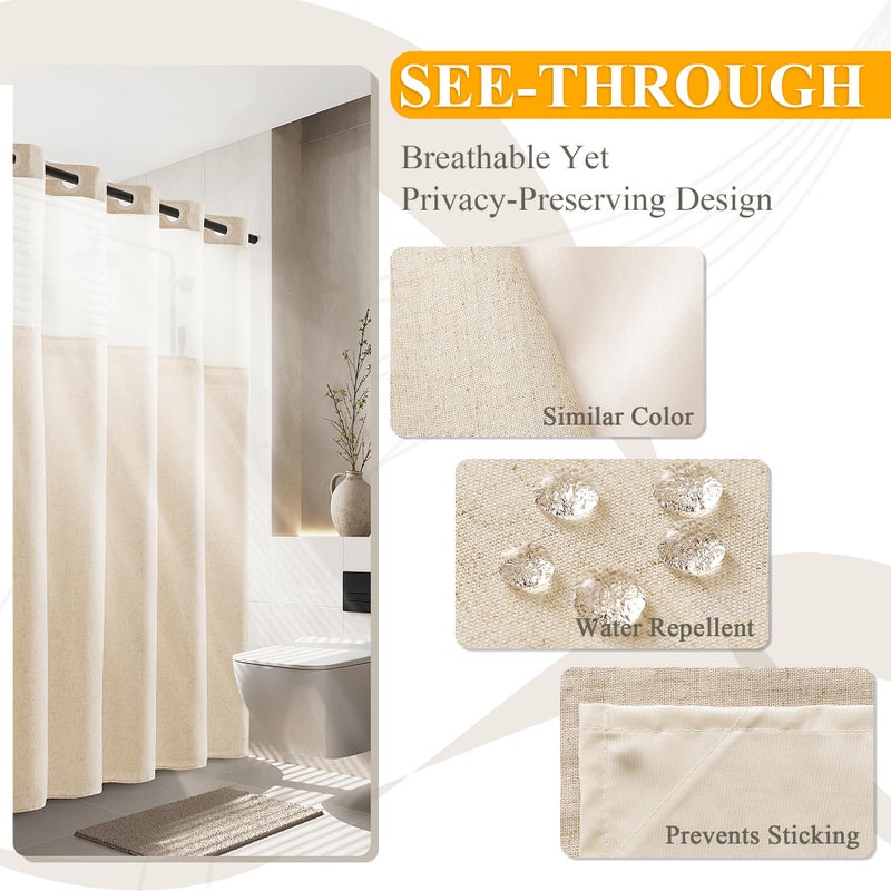 Jowels Natural Linen No Hook Shower Curtain and Liner  No Hooks Shower Curtains Set Two-Tier Shower Curtain with snap in Liner - Hotel Style Water Resistant Fabric  Mesh Top Window  72x87 Linen - Image 4