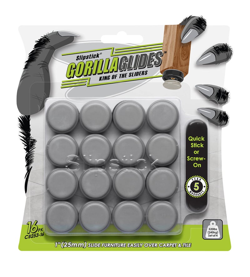Slipstick GorillaGlides 1 Inch Chair Sliders/Furniture Floor Protectors (16 Furniture Glides) Self-Adhesive Screw On Chair Glides for Sliding on Low-Pile Carpet & Hard Surface Floors, Round - Image 1