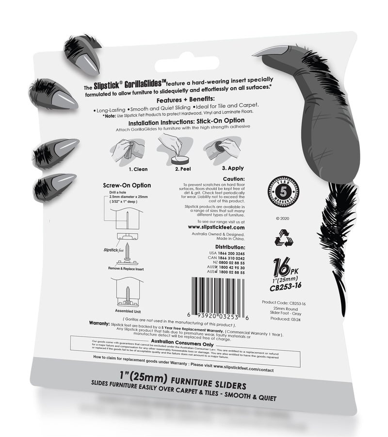 Slipstick GorillaGlides 1 Inch Chair Sliders/Furniture Floor Protectors (16 Furniture Glides) Self-Adhesive Screw On Chair Glides for Sliding on Low-Pile Carpet & Hard Surface Floors, Round - Image 4