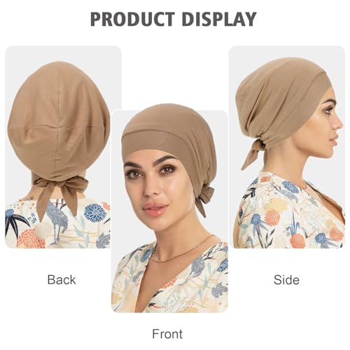 XEPST 2 PCS Hijab Undercap for Women, Islamic Muslim Under Hijab Cap Satin Lined Undercap Tie Back Bonnet Inner Head Scarf Head Wraps Hair Turbans for Women Chemo Headwear Sleep Cap, Black+Khaki - Image 5