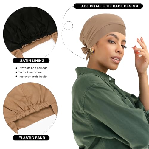 XEPST 2 PCS Hijab Undercap for Women, Islamic Muslim Under Hijab Cap Satin Lined Undercap Tie Back Bonnet Inner Head Scarf Head Wraps Hair Turbans for Women Chemo Headwear Sleep Cap, Black+Khaki - Image 3