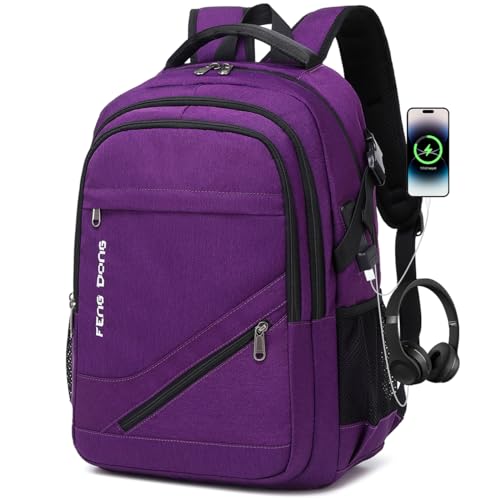 FENGDONG Durable Waterproof Travel Large Laptop Backpack 17.3 inch,College Backpack Bookbag for Men & Women Business Backpack with USB Charging Port and Headset Port Purple - Image 1