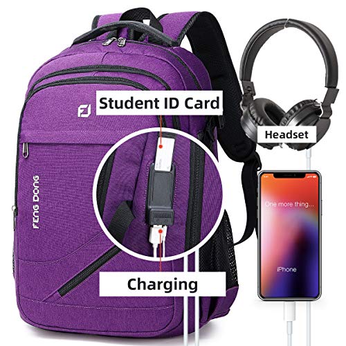 FENGDONG Durable Waterproof Travel Large Laptop Backpack 17.3 inch,College Backpack Bookbag for Men & Women Business Backpack with USB Charging Port and Headset Port Purple - Image 2