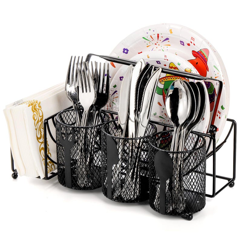 Mezchi Metal Utensil Caddy With 5 Compartments Black Mesh Silverware Caddy Organizer Flatware Storage Holder For Napkins Plates Party Camping Picnic Buffet Rv Bbq Kitchen Countertop - Image 1