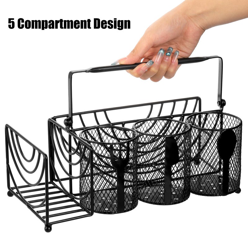 Mezchi Metal Utensil Caddy With 5 Compartments Black Mesh Silverware Caddy Organizer Flatware Storage Holder For Napkins Plates Party Camping Picnic Buffet Rv Bbq Kitchen Countertop - Image 3