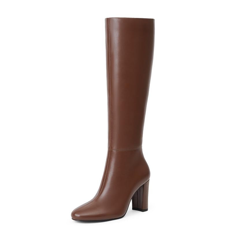 Modatope Brown Knee High Boots for Women Chunky Heel Rounded Toe Fall Winter Boots 2025 Block Heel Side Zipper Tall Boot Size 11 - Image 1