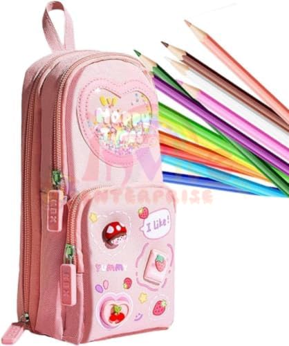 Invite Enterprise Polyester Kawaii Pencil Case - 3 Compartment Cute Aesthetic Large Pen Pouch - Multifunctional Stationery Organizer for School Office (Happy Time Pink) - Image 4