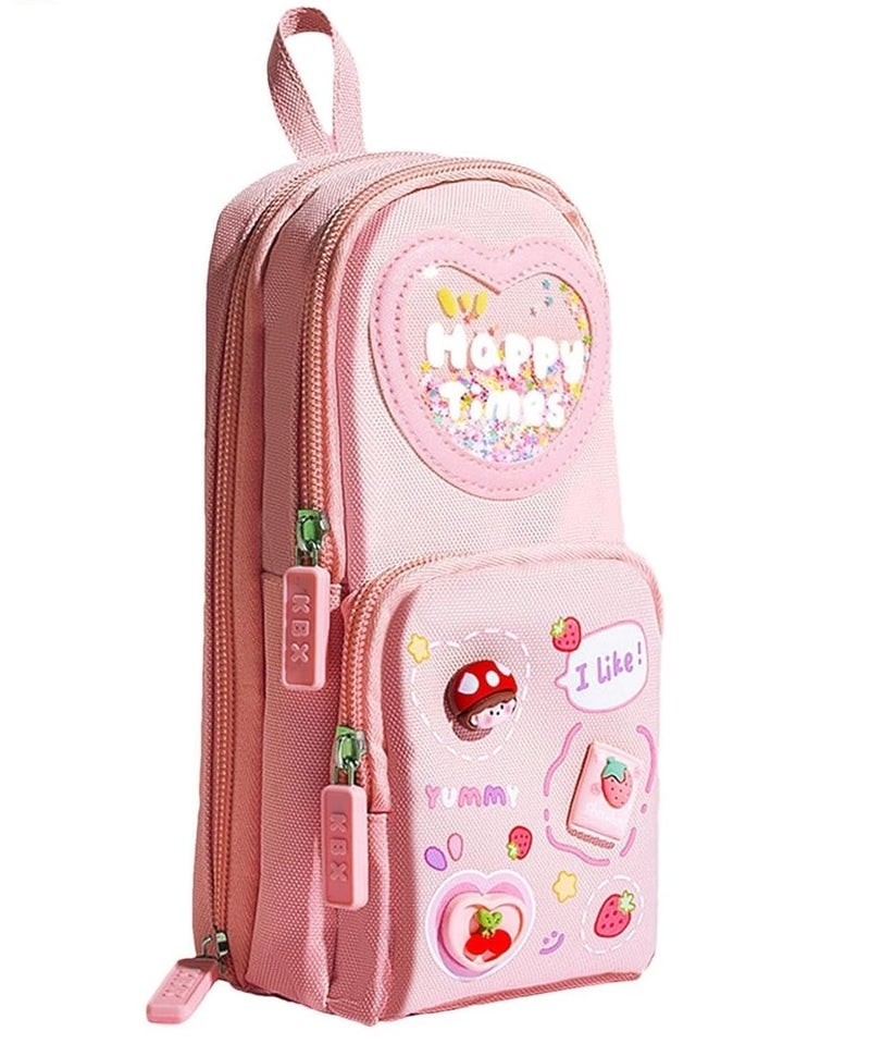 Invite Enterprise Polyester Kawaii Pencil Case - 3 Compartment Cute Aesthetic Large Pen Pouch - Multifunctional Stationery Organizer for School Office (Happy Time Pink) - Image 1