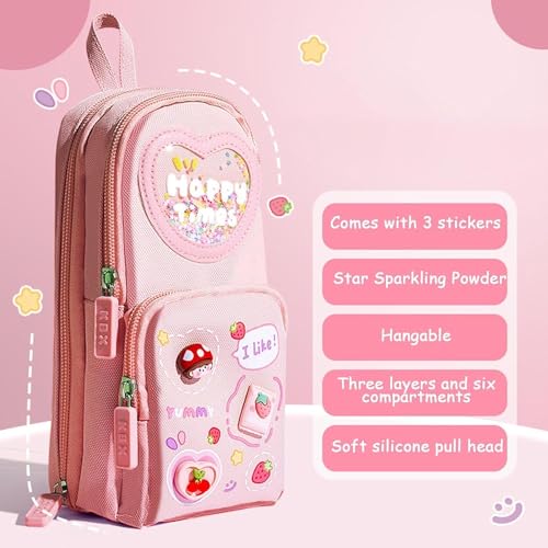 Invite Enterprise Polyester Kawaii Pencil Case - 3 Compartment Cute Aesthetic Large Pen Pouch - Multifunctional Stationery Organizer for School Office (Happy Time Pink) - Image 2