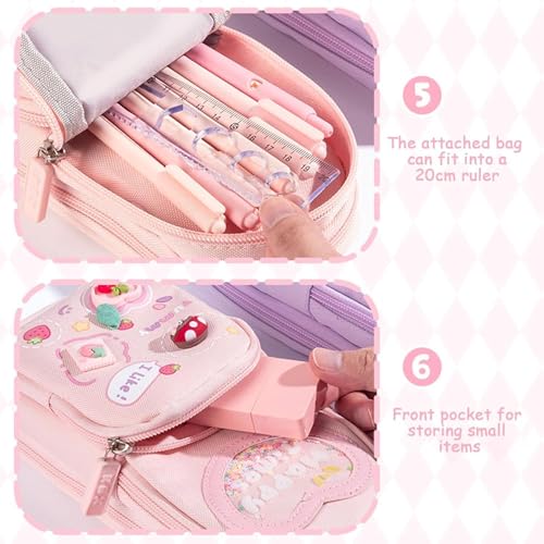 Invite Enterprise Polyester Kawaii Pencil Case - 3 Compartment Cute Aesthetic Large Pen Pouch - Multifunctional Stationery Organizer for School Office (Happy Time Pink) - Image 3