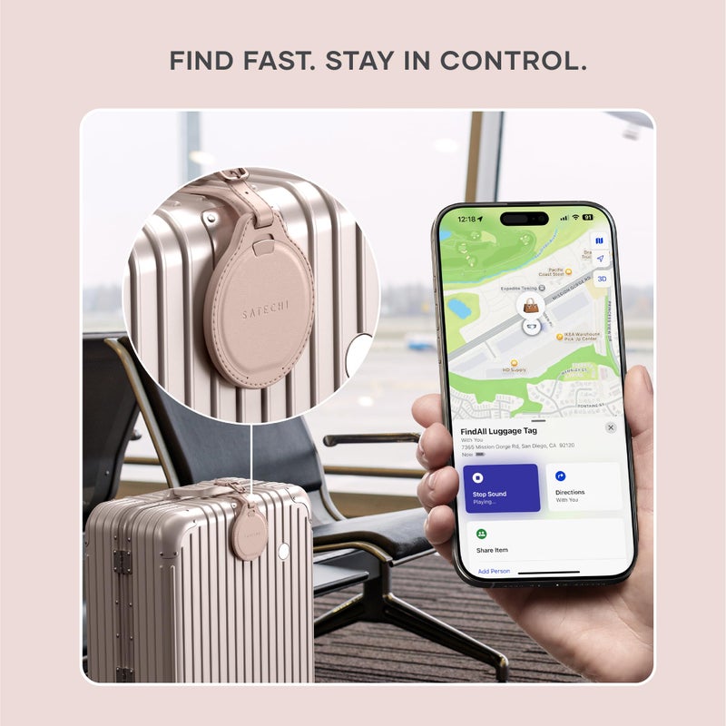 Satechi FindAll Smart Luggage Tag with Find My, TSA-Friendly, Airport Tracking, Left-Behind Alerts, Loud Audible Chime, Wireless Rechargeable, Works with iPhone, iPad, Mac â€“ Desert Rose - Image 4