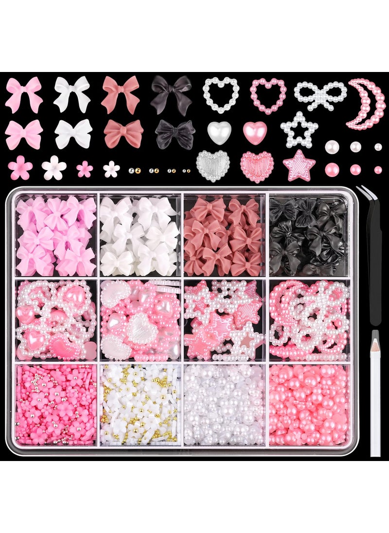 BELLEBOOST Chunky Nail Charms and Gems Set 1, Girly Coquette Nail Charms + Assorted Pearl Bows Heart Star Moon + Cute 3D Flowers for Nails + Pink & White Flatback Pearls with Pickup Tool for Kawaii Nail Design 