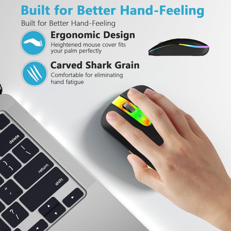 HZD LED Wireless Mouse, Slim Silent Rechargeable Mouse for Laptop, 2.4G Portable USB Optical Mouse with Type C Adapter, 3 Adjustable DPI Levels 1600/1200/800 for Tablet/Computer Black - Image 2