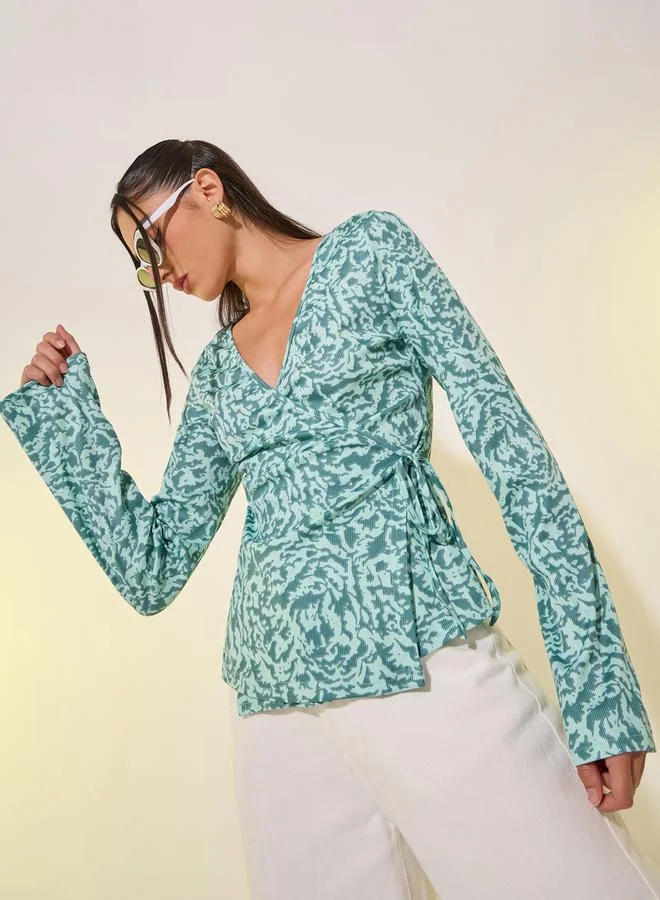 Take Two Green Floral Printed Wrap Top