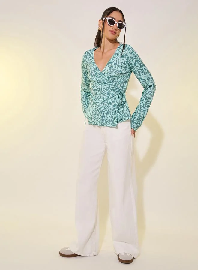 Take Two Green Floral Printed Wrap Top